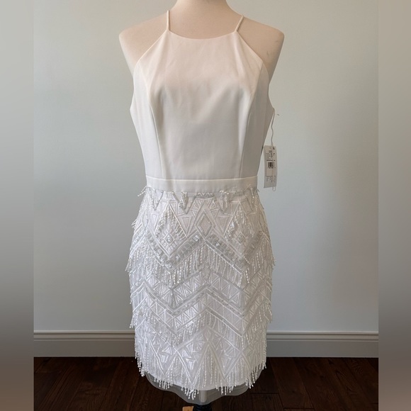 Aidan Mattox Dresses & Skirts - Aidan Mattox Womens White Halter Neck Embroidered Fringe Mini Dress Size 10